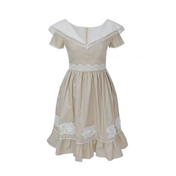 Rochie evazata cu insertii din dantela crosetata Eliana - Alb/Maro taupe deschis