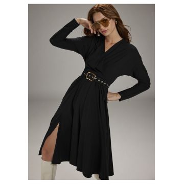 Rochie evazata cu o curea si decolteu in V - Negru -