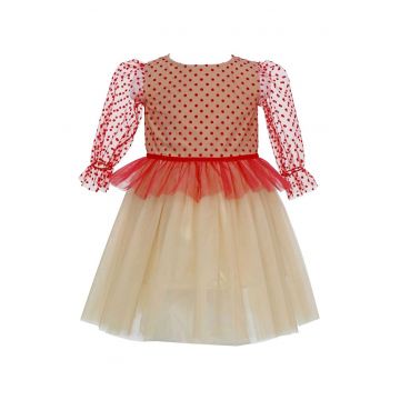 Rochie evazata cu strat exterior din tul Eliana - Rosu/Bej