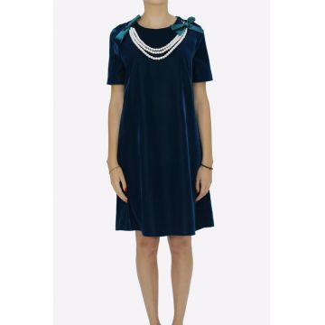 Rochie evazata din catifea cu colier detasabil Ama - Bleumarin