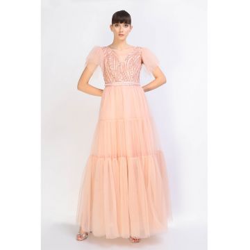 Rochie evazata stratificata cu insertii din tul - Piersica
