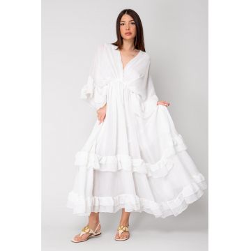 Rochie lunga cu volane 100% bumbac White 16337 - Alb optic