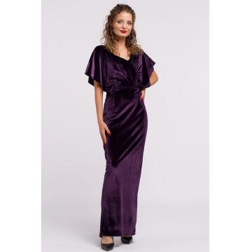 Rochie maxi catifelata cu decolteu in V - Mov inchis