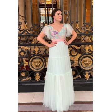 Rochie maxi cu decolteu in V si broderie in partea de sus Medeea - Violet/Verde pal/Roz pal