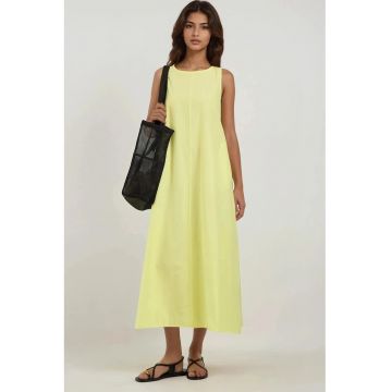 Rochie maxi - dama - colectia Mixray - cu guler rotund - fara maneci - in forma de A - Galben lamaie - Galben lamaie