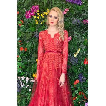 Rochie maxi evazata cu decolteu in V - Rosu/Coral