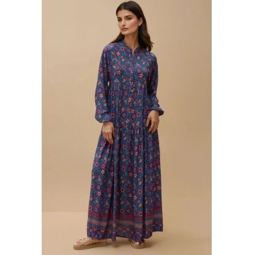 Rochie maxi -  imprimeu - decolteu in V - albastra - textil