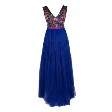 Rochie maxi stratificata cu motive florale brodate - Albastru royal