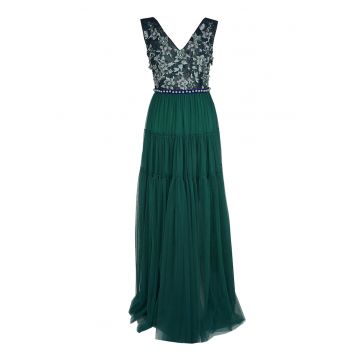 Rochie maxi stratificata cu motive florale brodate - Verde inchis