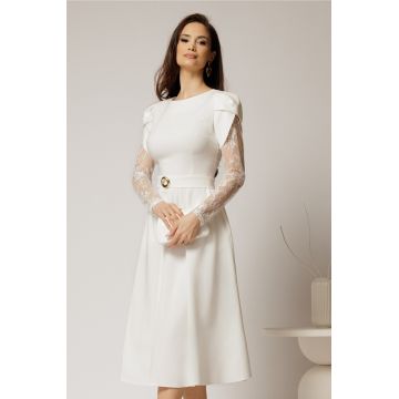Rochie midi alba cu maneci din dantela si cordon detasabil