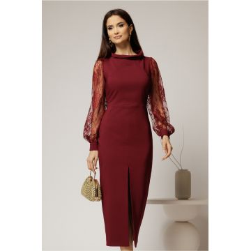 Rochie midi bordo conica cu maneci din dantela si guler barcuta