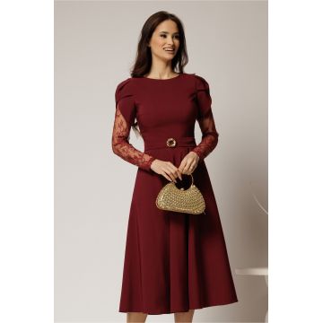 Rochie midi bordo cu maneci din dantela si cordon detasabil