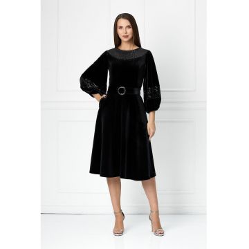 Rochie midi cu aspect de catifea si insertii stralucitoare Feodora - Negru
