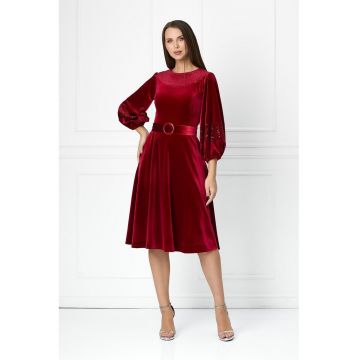 Rochie midi cu aspect de catifea si insertii stralucitoare Feodora - Rosu inchis