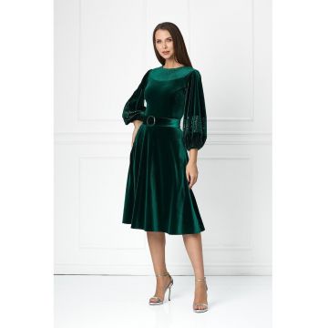 Rochie midi cu aspect de catifea si insertii stralucitoare Feodora - Verde inchis