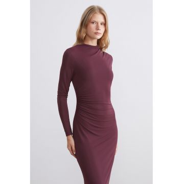 Rochie midi cu croiala cambrata si decolteu la baza gatului - Violet pruna