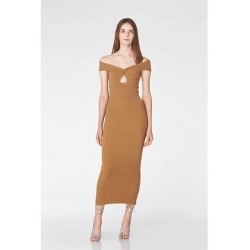 Rochie midi cu croiala cambrata si decolteu pe umeri - Caramel