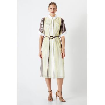 Rochie midi cu croiala dreapta si model in dungi - Galben/Maro pamantiu