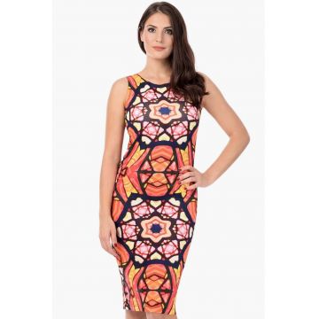 Rochie midi cu model geometric - Galben sofran/Rosu corai/Bleumarin
