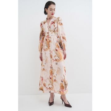 Rochie midi cu model si maneci lungi - Verde masliniu/Roz/Roz pal