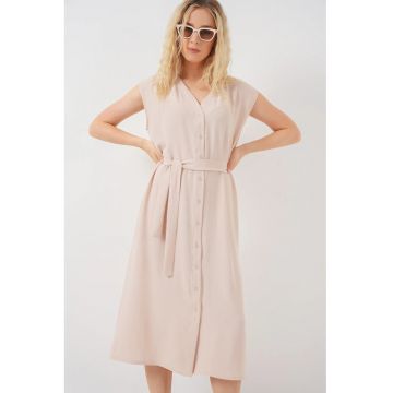 Rochie midi dama - poliester/elastan - HiCCUP - decolteu in V - bej