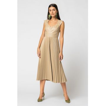 Rochie midi de piele ecologica si pliuri - Bej