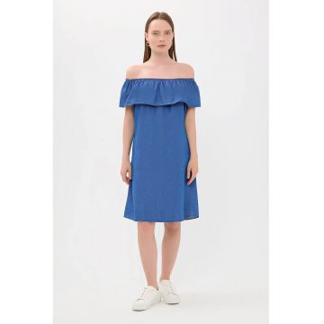 Rochie midi -  denim - volane - albastra