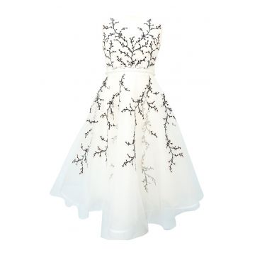 Rochie midi evazata cu broderii - Alb/Roz