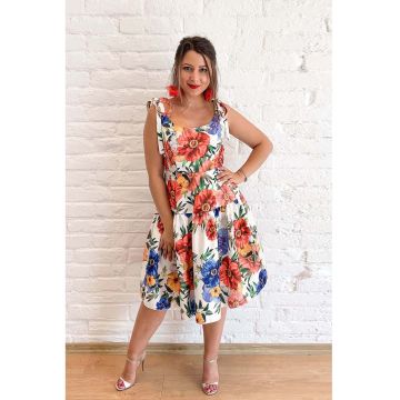 Rochie midi evazata cu imprimeu floral - Verde/Portocaliu stins/Alb murdar