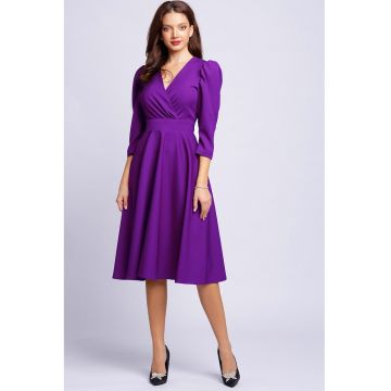 Rochie midi evazata cu maneci bufante - Albastru lavanda