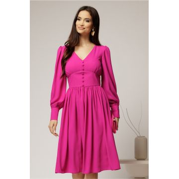 Rochie midi fucsia din voal plin cu nasturi pe bust