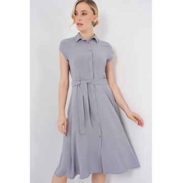 Rochie midi -  guler camasa - textil - Gri