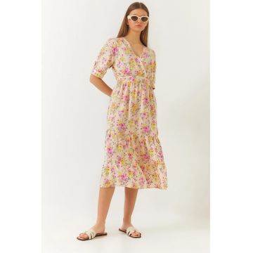 Rochie midi HiCCUP - croiala in forma de A - decolteu in V - multicolor - viscoza