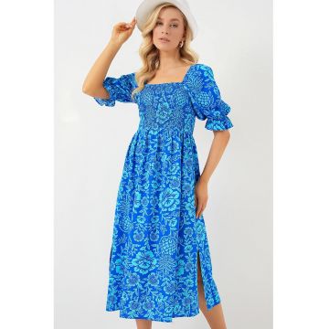 Rochie midi HiCCUP - imprimeu floral - guler patrat - Albastru