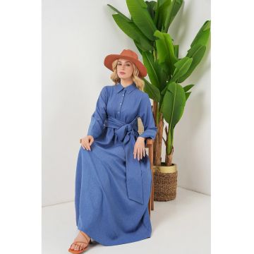 Rochie Midi HiCCUP - maneca lunga - detaliu la talie - Oxford Blue - textil