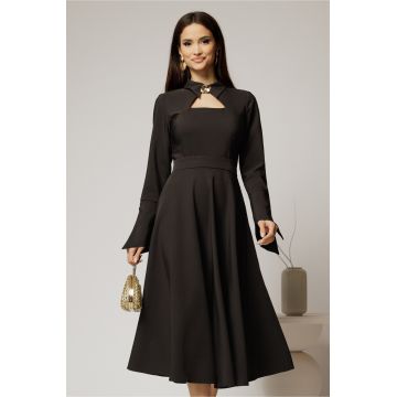 Rochie midi neagra cu guler tip camasa si decupaj la decolteu