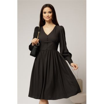 Rochie midi neagra din voal plin cu nasturi pe bust