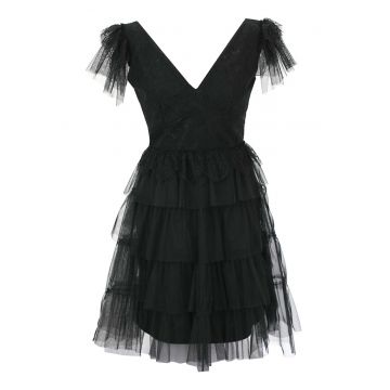 Rochie midi stratificata cu decolteu in V - Negru