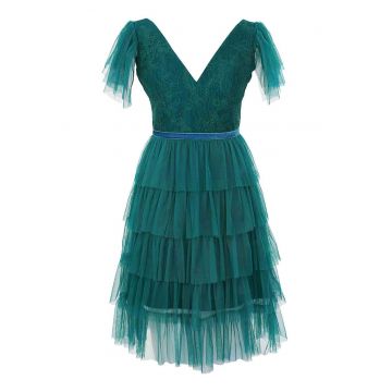 Rochie midi stratificata cu decolteu in V - Verde englez
