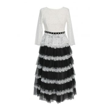 Rochie midi stratificata cu insertii de dantela Marie - Alb/Negru