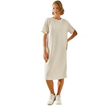 Rochie mini -  decolteu rotund - dungi - bej natural - jerseu