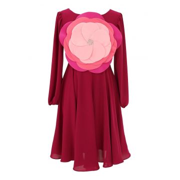 Rochie mini evazata cu aplicatie florala - Fucsia