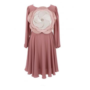 Rochie mini evazata cu aplicatie florala - Roz prafuit