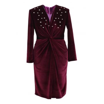 Rochie pe corp din catifea cu perle JADE - Visiniu