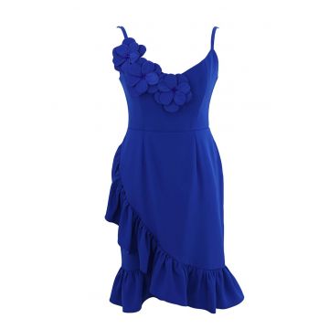 Rochie petrecuta cu aplicatie florala - Albastru royal