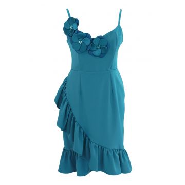 Rochie petrecuta cu aplicatie florala - Turcoaz