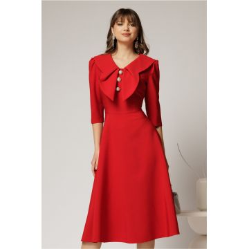 Rochie rosie clos de ocazie cu guler maxi si nasturi perluta