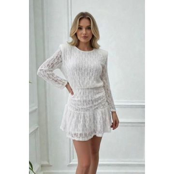Rochie scurta, din dantela, Lunara, cu volane si elastic in talie, ALB, Marime S/M