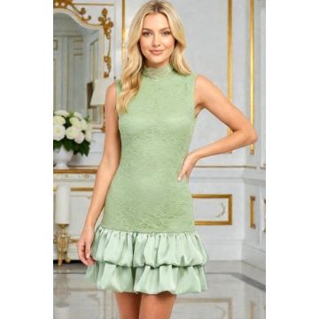 Rochie scurta, satinata IVORIA, cu dantela si guler inalt, VERNIL, Marime S/M