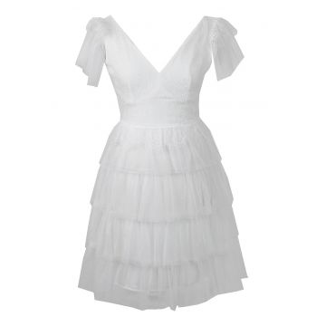 Rochie stratificata cu decolteu in V - Alb optic